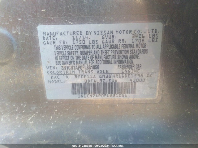 2015 NISSAN VERSA VIN: 3N1CN7AP0FL881056