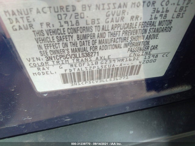 2020 NISSAN KICKS VIN: 3N1CP5CV3LL536271